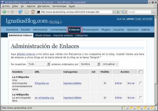 WordPress administrar enlaces